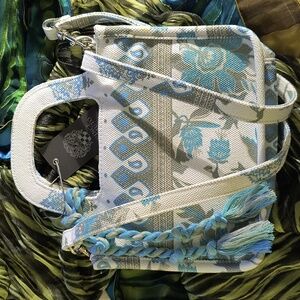 Vince Camuto Small Canvas Tote Floral Crossbody Fringe Cream Green Blue, NWT